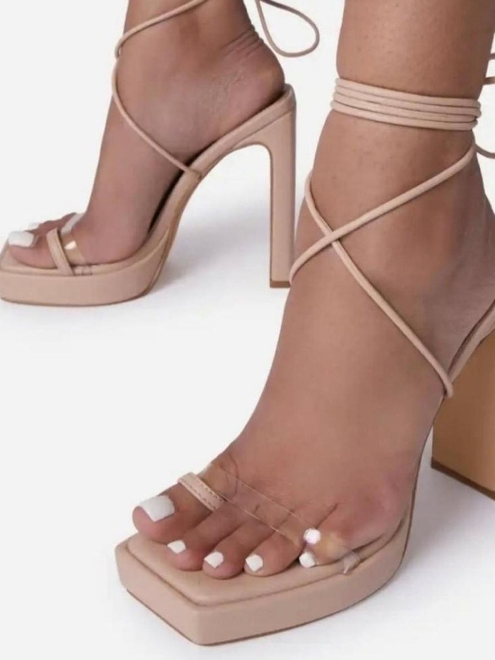 EGO Nude/Cream Strappy Square-Toe Block Heels